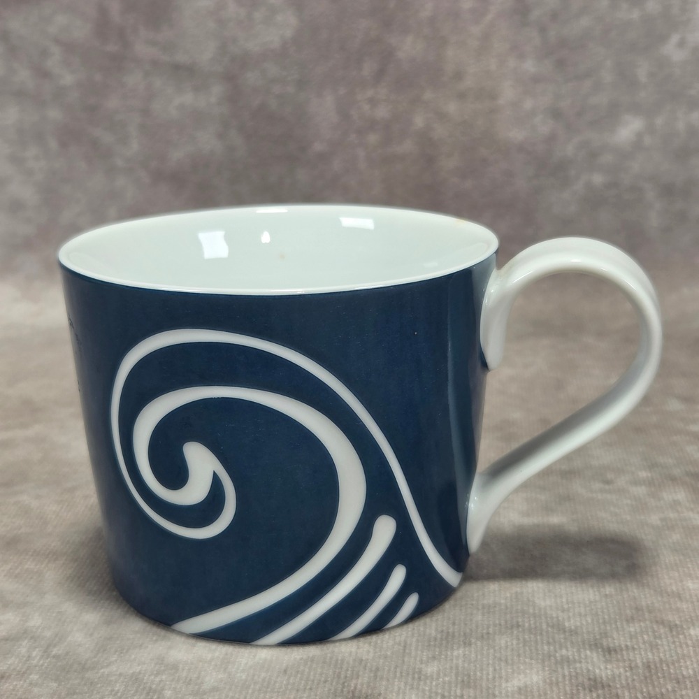 Starbucks Coffee 2008 Navy Blue White Abstract Swirl Wave Ceramic Mug 13oz
